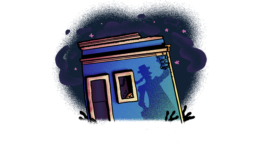  Someone casting a shadow on a house at night while someone peeks at the window, from the inside